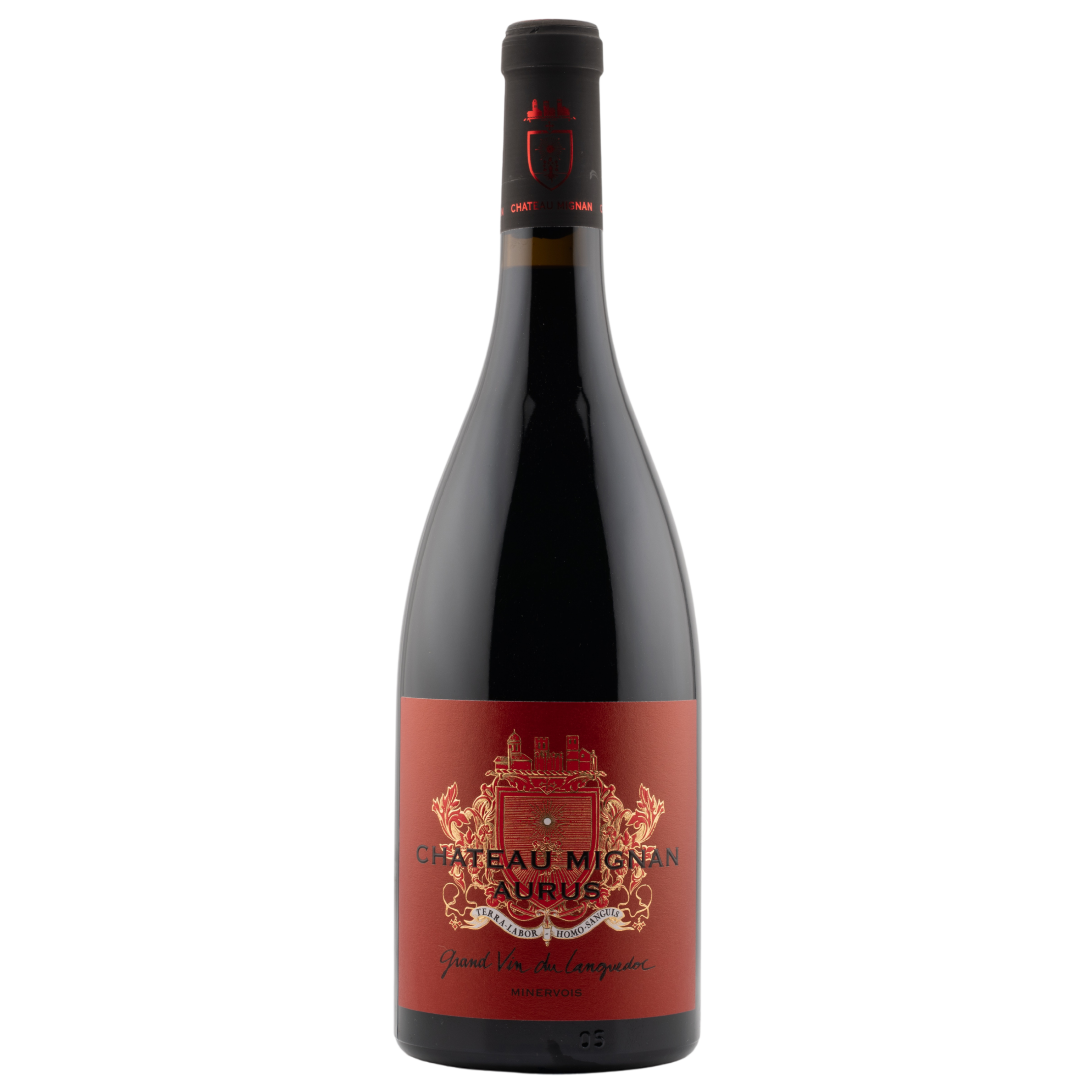 Bouteille de Château Mignan Aurus – Vin rouge bio AOP Minervois, assemblage de Carignan, Syrah et Grenache aux arômes intenses de fruits rouges et d’épices.
