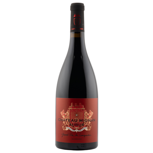 Bouteille de Château Mignan Aurus – Vin rouge bio AOP Minervois, assemblage de Carignan, Syrah et Grenache aux arômes intenses de fruits rouges et d’épices.