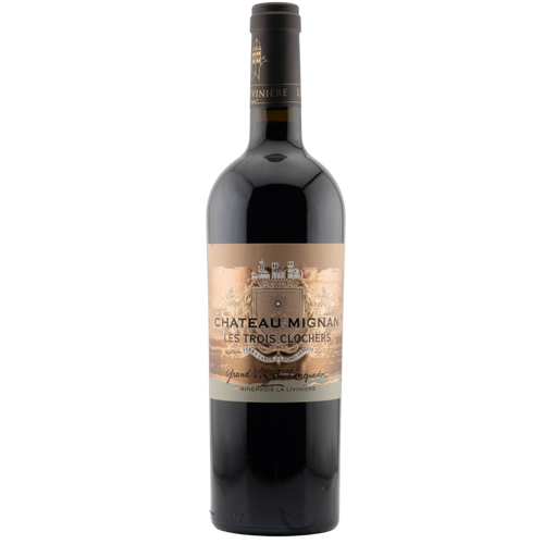 Bouteille de Château Mignan Les Trois Clochers – Vin rouge AOP Minervois-La-Livinière, Carignan, Grenache et Syrah -grand vin du Languedoc au style élégant et harmonieux.
