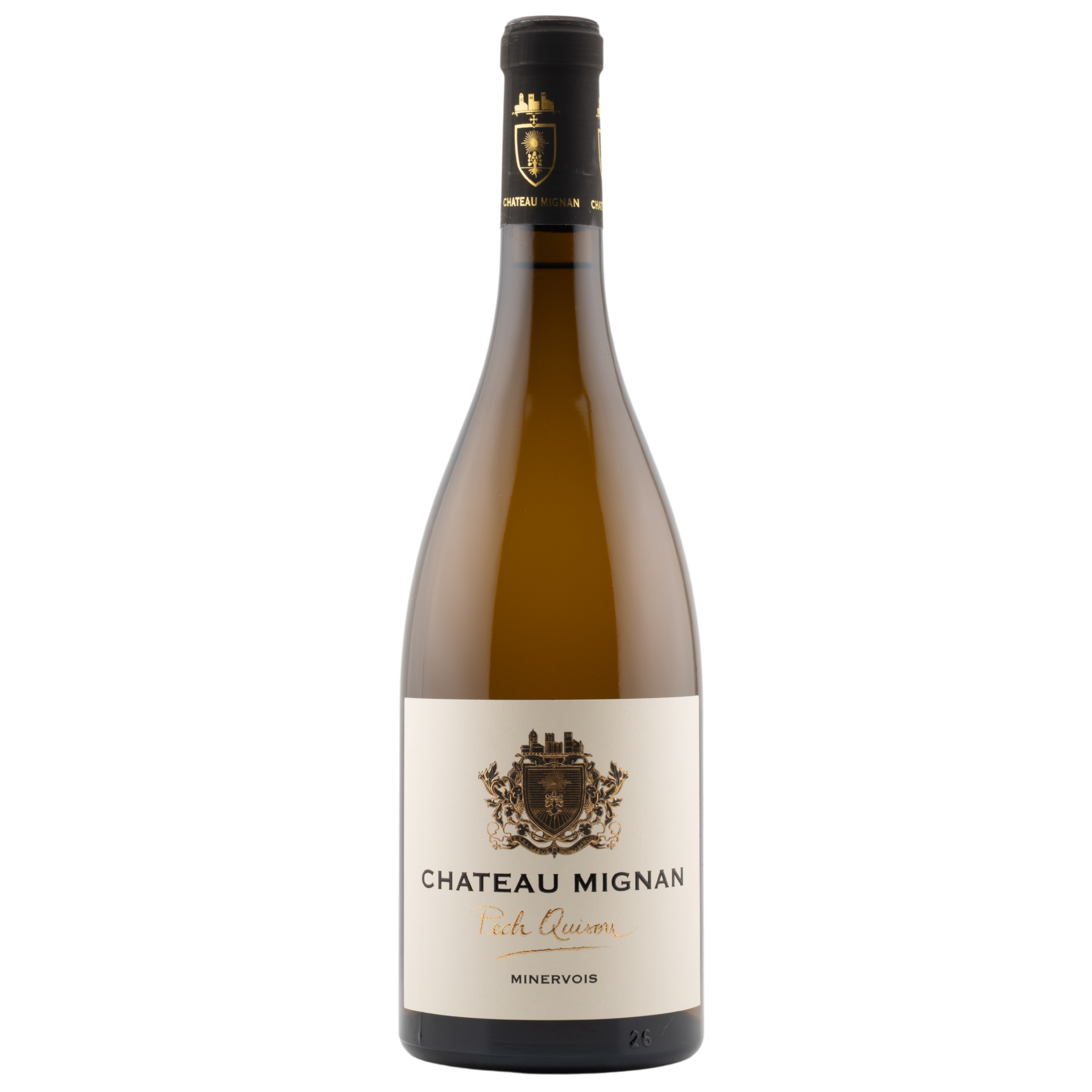 Bouteille de Château Mignan Pech Quisou – Vin blanc AOP Minervois, assemblage de Grenache blanc, Marsanne, Roussanne et Vermentino. Vin du Languedoc élégant, fruité et complexe, aux notes de fleurs blanches, d’amande et de pêche.